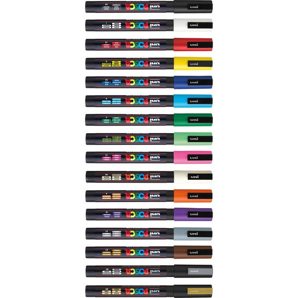 uni&reg; Posca PC-3M Paint Markers - Fine Marker Point - Multicolor Ink - Water Based, Pigment-based - 16 / Pack