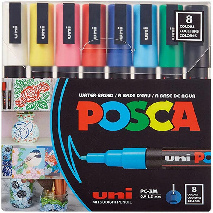 uni&reg; Posca PC-3M Paint Markers - Green, Blue, Light Blue, Yellow, Red, Pink, White, Black Ink - Water Based, Pigment-based - 8 / Pack