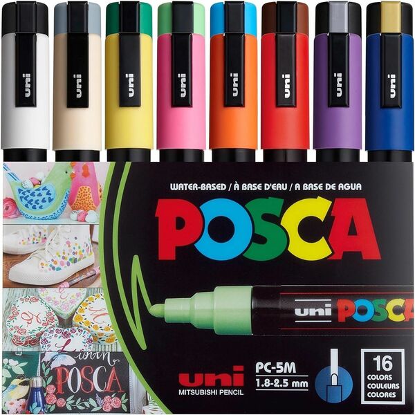 uni&reg; Posca PC-5M Paint Markers - Medium, Bullet Marker Point - Beige, Black, Blue, Brown, Gold, Green, Gray, Light Blue, Light Green, Orange, Pink, ... Ink - Water Based, Pigment-based - 16 / Pack