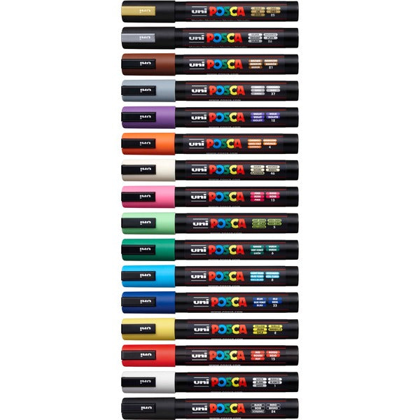 uni&reg; Posca PC-5M Paint Markers - Medium Marker Point - Beige, Black, Blue, Brown, Gold, Green, Gray, Light Blue, Light Green, Orange, Pink, ... Ink - Water Based, Pigment-based - 16 / Pack