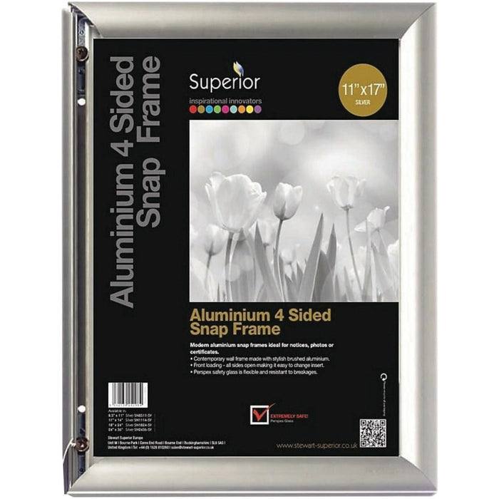 Seco Snap Frame Sign Holder - Print/Message - "Landscape, Portrait - 17" (431.80 mm) Width x 11" (279.40 mm) Height - Rectangular Shape - Indoor, Outdoor - Silver, Silver - 1 Each
