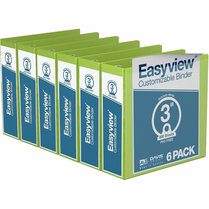 Davis Group Easyview Premium, Round Ring, Customizable, View Binder, 6 Pack (Lime Green, 3") - 3" (76.20 mm) Binder Capacity - 8 1/2" (215.90 mm) x 11" (279.40 mm) Sheet Size - 600 Sheet Capacity - 3 Ring(s) - Fastener(s): Round Ring - Pocket(s): Inside F