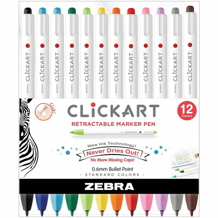 Zebra Pen ClickArt Retractable Markers Bullet Tip Assorted Colours 12/pkg - Retractable - Assorted Ink - Water Based - 12 / Pack