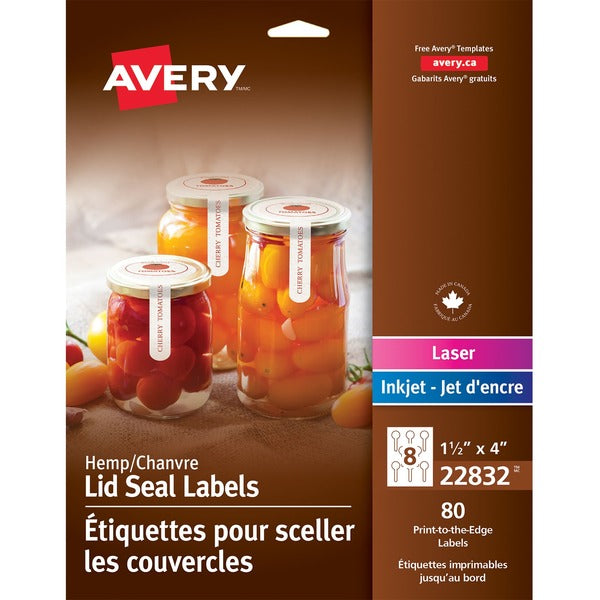 Avery&reg; Hemp Lid Seal Labels 1½" x 4" , Permanent Adhesive, for Laser and Inkjet Printers - 1 1/4" Height x 4" Width - Permanent Adhesive - Rectangle - Laser, Inkjet - Beige - Hemp - 8 / Sheet - 80 Pack