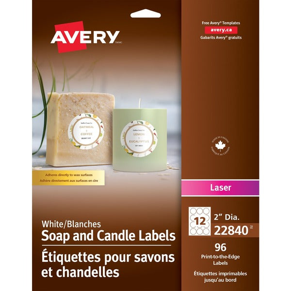 Avery&reg; Glossy White Round Soap and Candle Labels 2" Diameter, Permanent Adhesive, for Laser Printers - Permanent Adhesive - Round - Laser - Glossy White - 12 / Sheet - 96 Pack