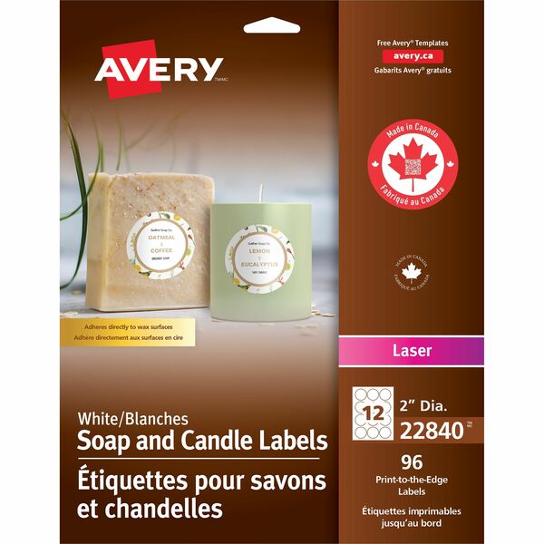 Avery&reg; Glossy White Round Soap and Candle Labels 2" Diameter, Permanent Adhesive, for Laser Printers - - HeightPermanent Adhesive - Round - Laser - Glossy White - 12 / Sheet - 96 Pack