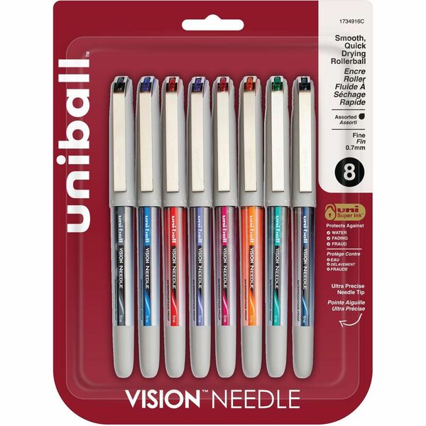 uniball Vision Needle Rollerball Pens - uniball&trade; Vision Needle Rollerball Pens, Fine Point (0.7mm), Assorted Colors, 8 Pack