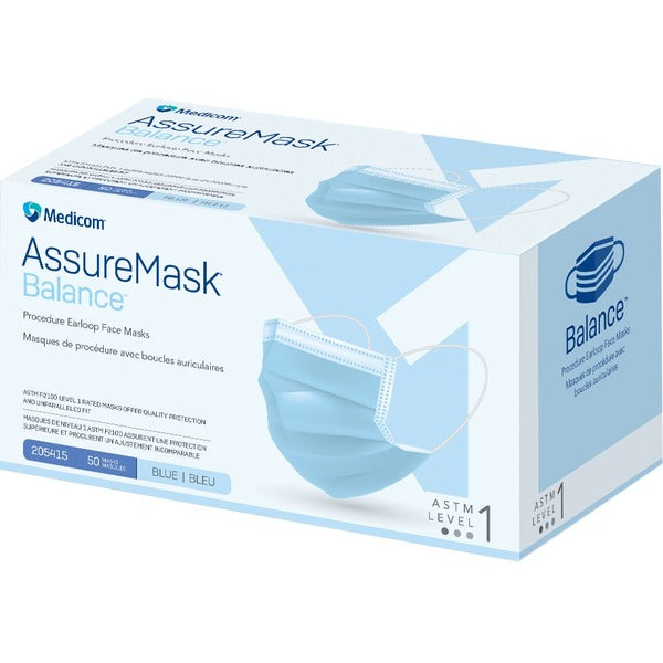 AssureMask Safety Mask - Recommended for: Face, Medical - Blue - Earloop Style Mask, Breathable, Non-irritating - 50 / Each