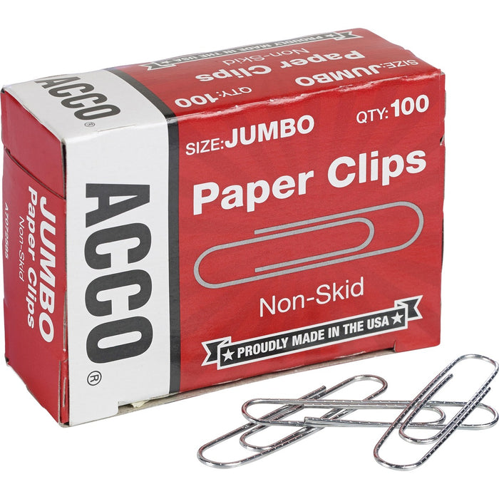 ACCO Economy Jumbo Non-Skid Paper Clips - Jumbo - No. 4 - 20 Sheet Capacity - Non-skid, Galvanized, Corrosion Resistant - Silver - Metal, Zinc Plated - 100 / Box