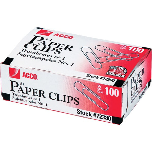 ACCO Premium Paper Clips - No. 1 - 10 Sheet Capacity - Strain Resistant, Galvanized, Corrosion Resistant - 100 / Box - Silver - Metal, Zinc Plated