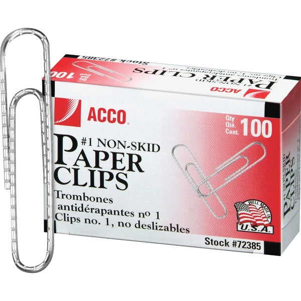 ACCO Premium Paper Clips - No. 1 - 1.25" (31.75 mm) Length - 10 Sheet Capacity - Non-skid, Strain Resistant, Corrosion Resistant, Galvanized, Non-slip Grip - Silver - Metal, Zinc Plated - 100/Box - 100 / Box