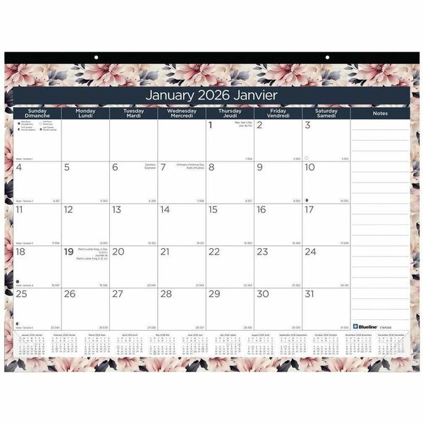 Blueline Floral Monthly Desk Pad Calendar, 22" x 17" , Bilingual - Monthly - 12 Month - January 2026 to December 2026 - 1 Month, 1 Day Single Page Layout - 22" (558.80 mm) x 17" (431.80 mm) Sheet Size - 2 x Holes - Wall Mount - Blue - Chipboard, Vinyl - 1