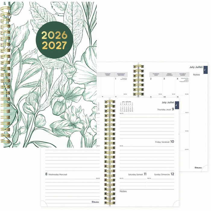 Blueline 2025-2026 Botanical 13-Month Weekly/Monthly Academic Planner - July to July - 8" x 5" - Blue - Bilingual - Academic - Weekly, Monthly - 13 Month - July 2025 to July 2026 - 1 Week Double Page Layout - 5" (127 mm) x 8" (203.20 mm) Sheet Size - Twin