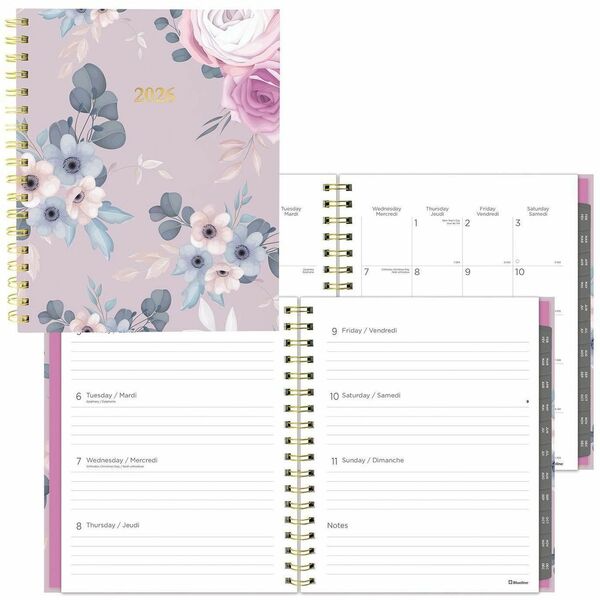 Blueline Lavender Floral Weekly/Monthly Planner, 9-1/4" x 7-1/4" , Trilingual - Weekly - 12 Month - January 2026 to December 2026 - 1 Week Double Page Layout - Twin Wire - Blue, Gold, Navy, Lavender - Foil, Paper - 9.3" (234.95 mm) Height x 7.2" (184.15 m