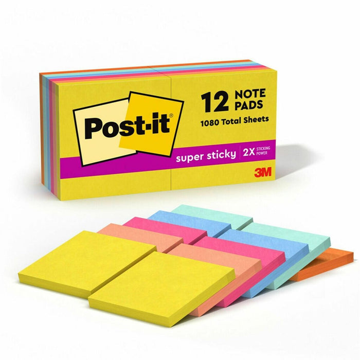 Post-it&reg; Super Sticky Note Pads - Summer Joy Color Collection - 3" (76.20 mm) Flag/Note Width x 3" (76.20 mm) Flag/Note Length - Square - 90 Sheets per Pad - Citron, Papaya Fizz, Power Pink, Washed Denim, Fresh Mint - Sticky, Recyclable - 12 / Pack