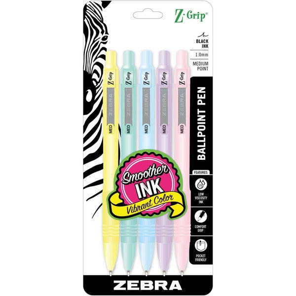 Zebra Pen Z-Grip Pastels Retractable Ballpoint 1.0mm Assorted 5Pk - 1 mm (0.04") Medium Pen Point - Retractable - Black Ink - Assorted Barrel - 5 / Pack