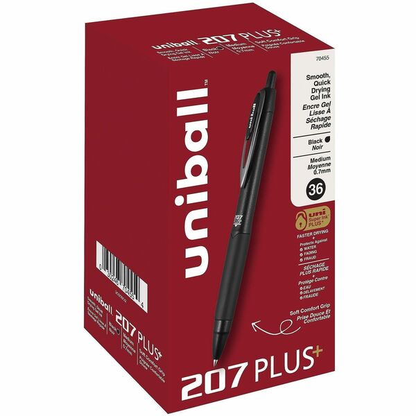 uniball™ 207 Plus+ Gel Pen - 0.7 mm (0.03") Medium Pen Point - Retractable - Black Ink - Gel-based, Nanofiber Ink - Black Metal Barrel - 36 / Box
