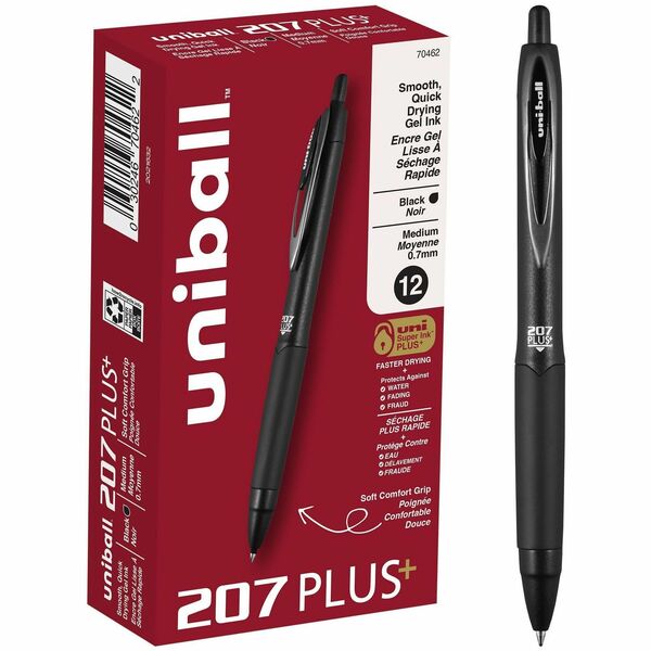 uniball&trade; 207 Plus+ Gel Pen - 0.7 mm (0.03") Medium Pen Point - Retractable - Black Ink - Gel-based, Nanofiber Ink - Black Metal Barrel - 1 Dozen