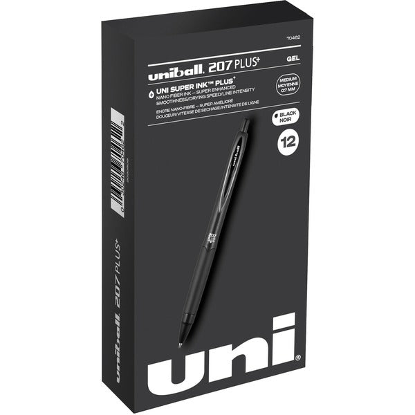 uniball&trade; 207 Plus+ Gel Pen - Medium Pen Point - 0.7 mm Pen Point Size - Retractable - Black Gel-based, Nanofiber Ink Ink - Black Metal Barrel - 1 / Dozen