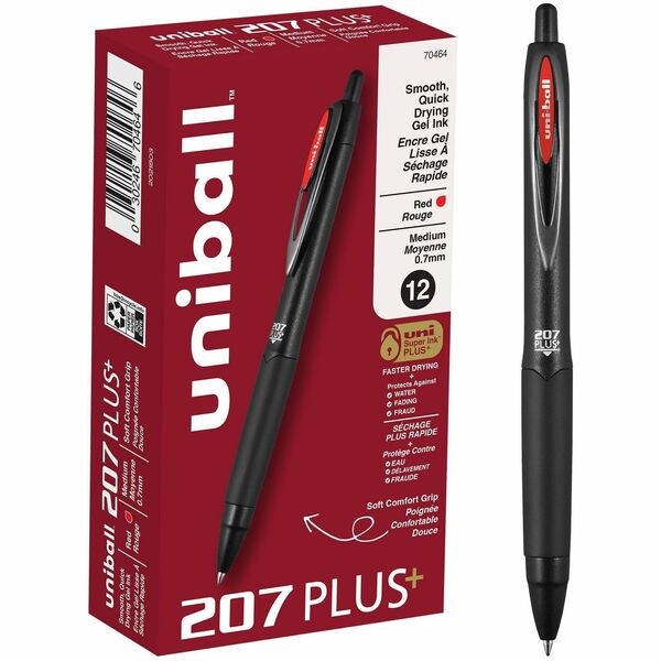 uniball&trade; 207 Plus+ Gel Pen - 0.7 mm (0.03") Medium Pen Point - Retractable - Red Ink - Gel-based, Nanofiber Ink - Black Metal Barrel - 1 Dozen