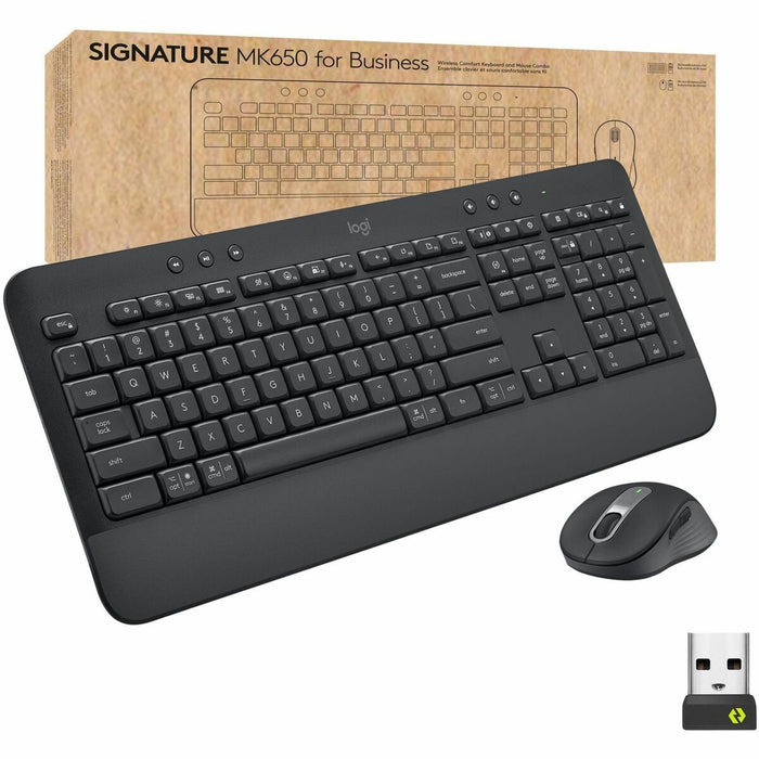 Logitech Signature MK650 Combo For Business - USB Plunger Wireless Bluetooth/RF 5.0 2.40 GHz Keyboard - 118 Key - English (US) - Graphite - USB Wireless Bluetooth/RF Mouse - 4000 dpi - Scroll Wheel - QWERTY - Graphite - Mute, Web Hot Key(s) - Symmetrical