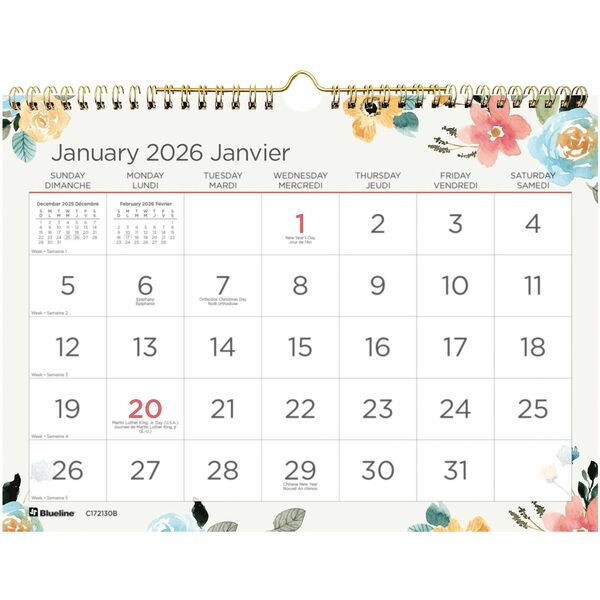 Blueline Spring Monthly Wall Calendar, 11" x 8" , Bilingual - Monthly - 12 Month - January 2026 to December 2026 - 1 Month Single Page Layout - 8" (203.20 mm) x 11" (279.40 mm) Sheet Size - Twin Wire - Wall Mount - Gold - Chipboard - Reinforced, Bilingual