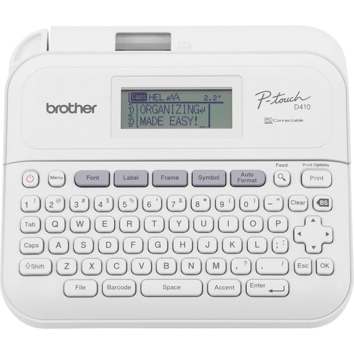 P-touch P-Touch PT-D410AD Label Printer Gray - Thermal Transfer - 0.79 in/s (20 mm/s) Mono - 15 Fonts - 180 dpi - Tape - 0.14" (3.50 mm), 0.24" (6 mm), 0.35" (9 mm), 0.47" (12 mm), 0.71" (18 mm) - Battery, Power Adapter - 6 Batteries Supported - AA - Gray
