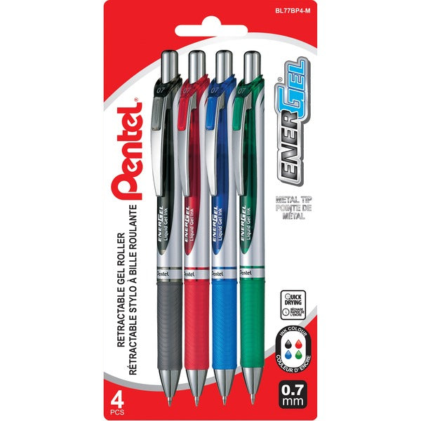 Pentel EnerGel Gel Pen - 0.7 mm (0.03") Fine Pen Point - Refillable - Retractable - Assorted Ink - Liquid Gel Ink - Metal Barrel - 4 / Pack