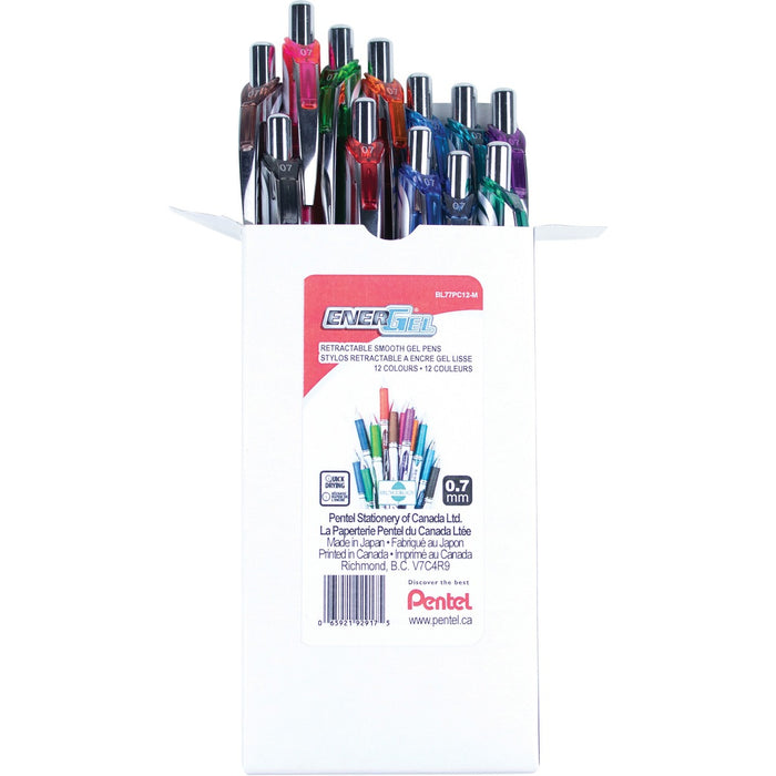 Pentel EnerGel Gel Pen - Refillable - Retractable - Assorted Ink - Liquid Gel Ink - White Barrel - Writing - 12 / Box