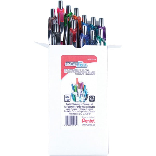 Pentel EnerGel Gel Pen - 0.7 mm (0.03") Pen Point - Refillable - Retractable - Assorted Ink - Liquid Gel Ink - 12 / Box