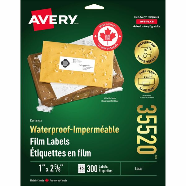 Avery&reg; Waterproof Labels 1" x 2?" , Permanent Adhesive, for Laser Printers - 2 5/8" (66.68 mm) Width x 1" (25.40 mm) Length - Permanent Adhesive - Rectangle - Laser - White - Film - 30 / Sheet - 10 Total Sheets - 300 Total Label(s) - 300 / Pack