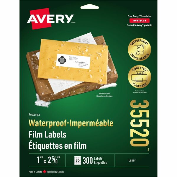 Avery&reg; Waterproof Labels 1" x 2-5/8" , Permanent Adhesive, for Laser Printers - 2 5/8" (66.68 mm) Width x 1" (25.40 mm) Length - Permanent Adhesive - Rectangle - Laser - White - Film - 30 / Sheet - 10 Total Sheets - 300 Total Label(s) - Tear Resistant