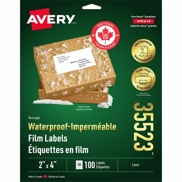 Avery&reg; Waterproof Labels 2" x 4" , Permanent Adhesive, for Laser Printers - 4" (101.60 mm) Width x 2" (50.80 mm) Length - Permanent Adhesive - Rectangle - Laser - White - Polyester, Film - Water Resistant - 10 / Sheet - 100 Total Label(s) - 100 / Pack