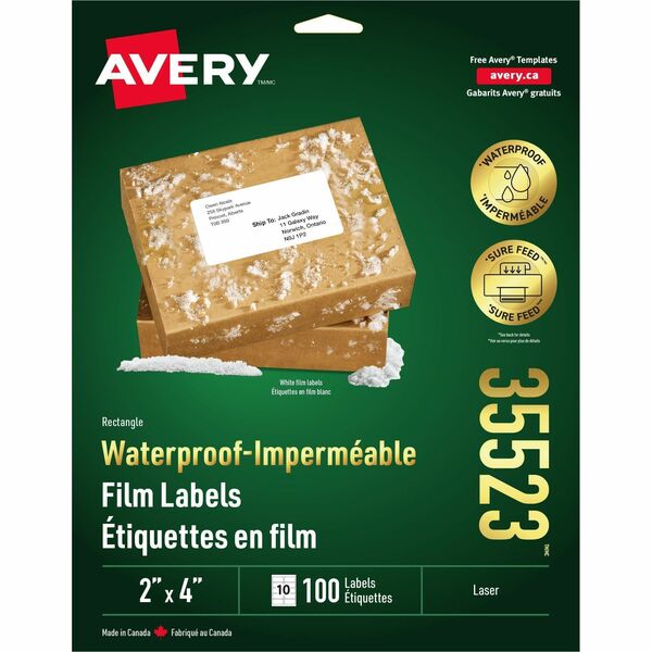 Avery&reg; Waterproof Labels 2" x 4" , Permanent Adhesive, for Laser Printers - 4" Width x 2" Length - Permanent Adhesive - Rectangle - Laser - White - Polyester, Film - 10 / Sheet - 100 Total Label(s) - 100 / Pack - Water Resistant - Scuff Resistant, Tea