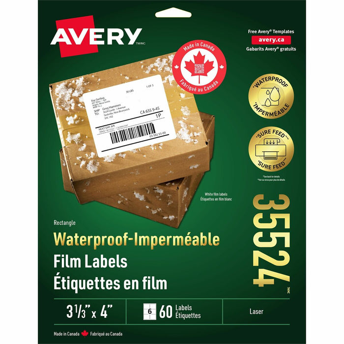 Rectangle Waterproof Labels 3-1/3" x 4" , Permanent Adhesive, for Laser Printers - Waterproof - Permanent Adhesive - Laser - White - Film - Water Resistant - 6 / Sheet - 60 / Pack