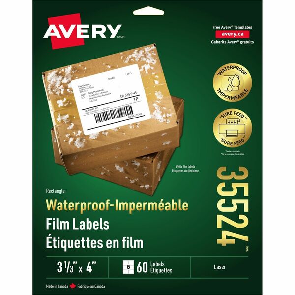 Avery&reg; Waterproof Labels 3?" x 4" , Permanent Adhesive, for Laser Printers - 3 21/64" Width x 4" Length - Permanent Adhesive - Rectangle - Laser - White - Film - 6 / Sheet - 10 Total Sheets - 60 Total Label(s) - 60 / Pack - Water Resistant - Scuff Res