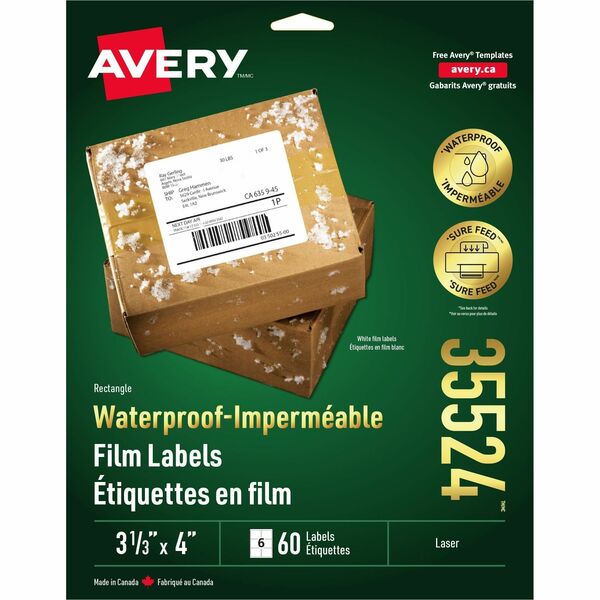 Avery&reg; Waterproof Labels 3-1/3" x 4" , Permanent Adhesive, for Laser Printers - 3 21/64" (84.58 mm) Width x 4" (101.60 mm) Length - Permanent Adhesive - Rectangle - Laser - White - Film - Water Resistant - Scuff Resistant, Tear Resistant, Chemical Res