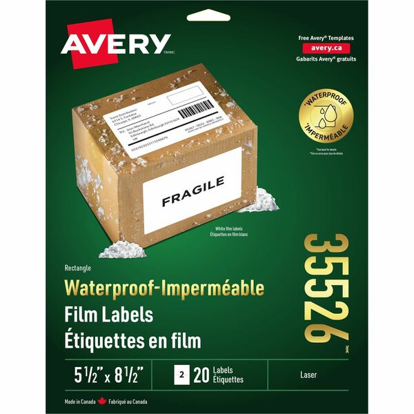 Avery&reg; Waterproof Labels 5-1/2" x 8-1/2" , Permanent Adhesive, for Laser Printers - 8 1/2" (215.90 mm) Width x 5 1/2" (139.70 mm) Length - Permanent Adhesive - Rectangle - Laser - White - Film - 2 / Sheet - 20 Total Label(s) - Water Resistant - Tear R