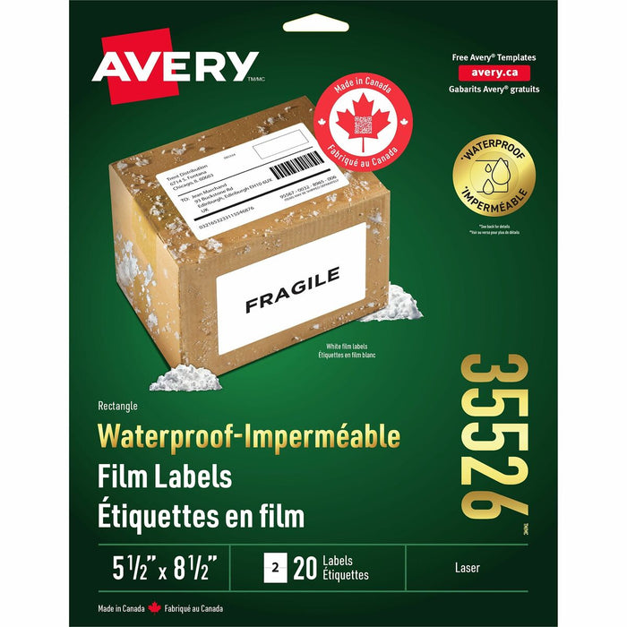 Waterproof Labels 5-1/2" x 8-1/2" , Permanent Adhesive, for Laser Printers - Waterproof - Permanent Adhesive - Laser - White - Film - Water Resistant - 2 / Sheet - 20 / Pack