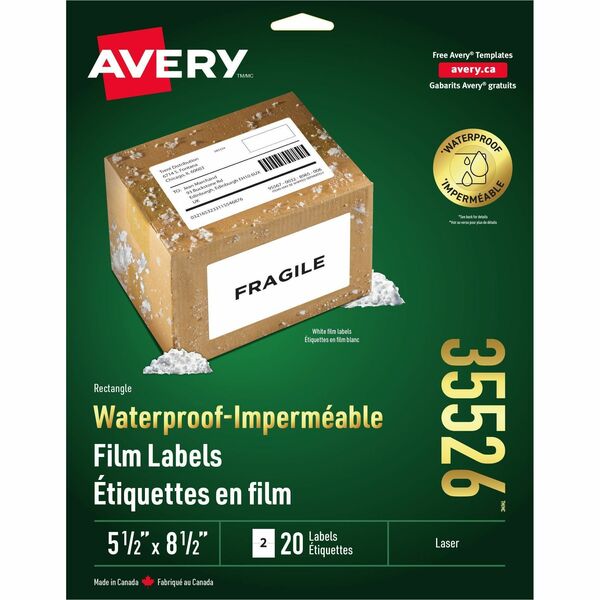 Avery&reg; Waterproof Labels 5½" x 8½" , Permanent Adhesive, for Laser Printers - 8 1/2" Width x 5 1/2" Length - Permanent Adhesive - Rectangle - Laser - White - Film - 2 / Sheet - 20 Total Label(s) - 20 / Pack - Water Resistant - Tear Resistant, Scuff Re