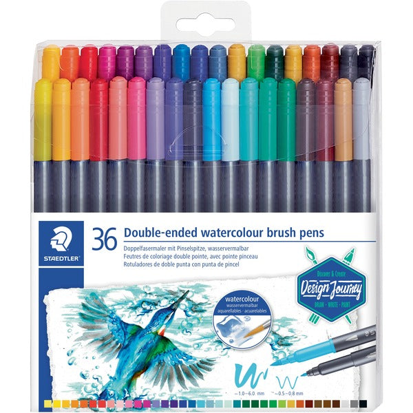Staedtler 3001 Double-ended Watercolour Brush Pen - Thin Brush, Fine Marker Point - Assorted Ink - Water Based - 36 / Pack