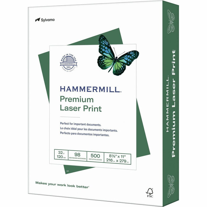 Hammermill Premium Laser Print Paper - White - 98 Brightness - Letter - 8 1/2" (215.90 mm) x 11" (279.40 mm) - 32 lb (14514.96 g) Basis Weight - Ultra Smooth - Sustainable Forestry Initiative (SFI) - White - 500 / Pack