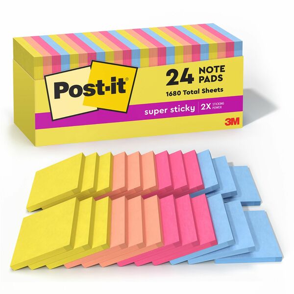 Post-it&reg; Super Sticky Notes - 3" x 3" - Square - 70 Sheets per Pad - Summer Joy - Recyclable, Self-adhesive - 24 / Pack