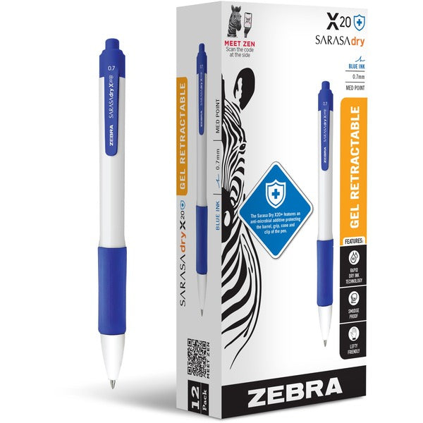 Zebra SARASA dry X20+ Gel Retractable RDI - 0.7 mm (0.03") Medium Conical Pen Point - Retractable - Blue Ink - Gel-based - White Plastic Barrel - Writing, Document, Classroom, Home, Office - 1 Dozen