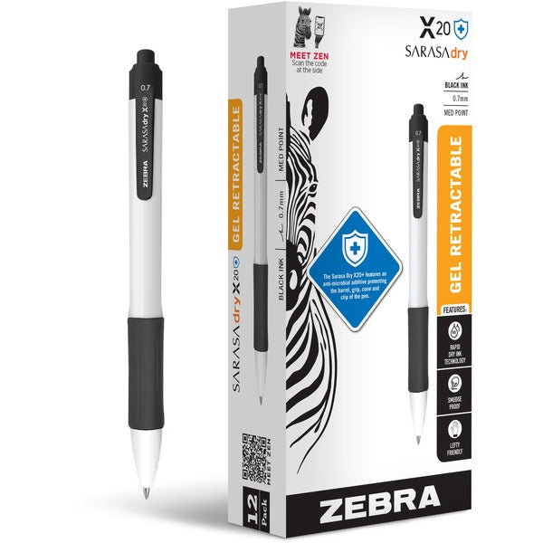 Zebra SARASA dry X20+ Gel Retractable RDI - 0.7 mm (0.03") Medium Conical Pen Point - Retractable - Black Ink - Gel-based - White Plastic Barrel - Writing, Document, Classroom, Home, Office - 12 / Pack