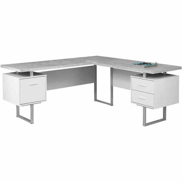Monarch Specialties Computer Desk - 70"L White / Cement-Look Left/Right Face - White L-shaped, Cement, Gray Top - Silver Base - Contemporary/Modern Style - 3 Drawers - 3 Legs - 198 lb (89.81 kg) Capacity - 71" (1803.40 mm) Table Top Length x 71" (1803.40
