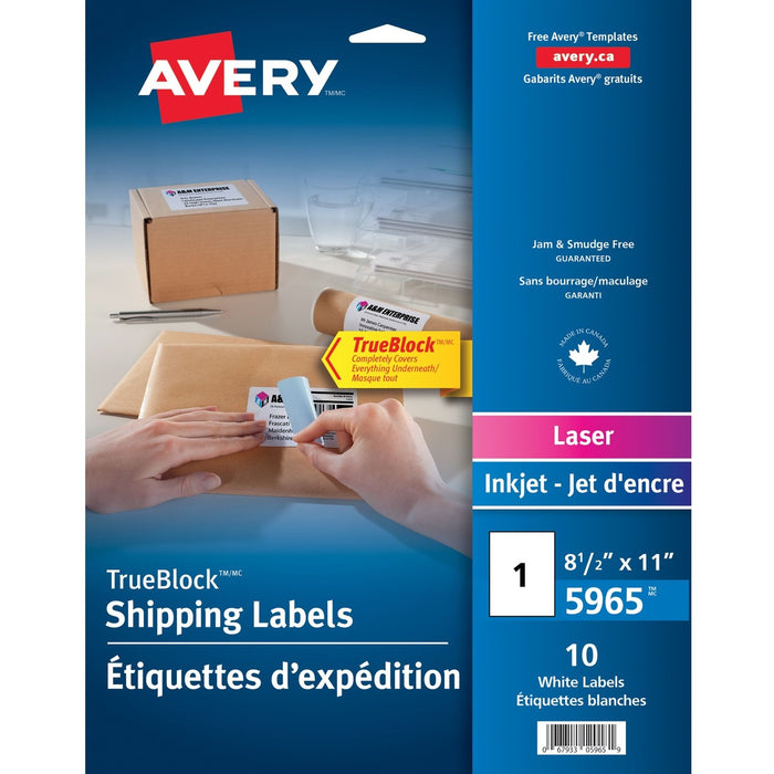 Avery&reg; TrueBlock Multipurpose Label - 8 1/2" (215.90 mm) Width x 11" (279.40 mm) Length - Permanent Adhesive - Rectangle - Inkjet, Laser - Matte White - 1 / Sheet - 10 Total Label(s) - 10 / Pack