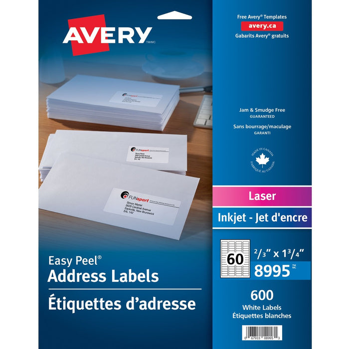 Avery&reg; Easy Peel Multipurpose Label - 1 3/4" (44.45 mm) Width x 21/32" (16.76 mm) Length - Permanent Adhesive - Rectangle - Inkjet, Laser - Matte White - Paper - 60 / Sheet - 10 Total Sheets - 600 Total Label(s) - 600 / Pack