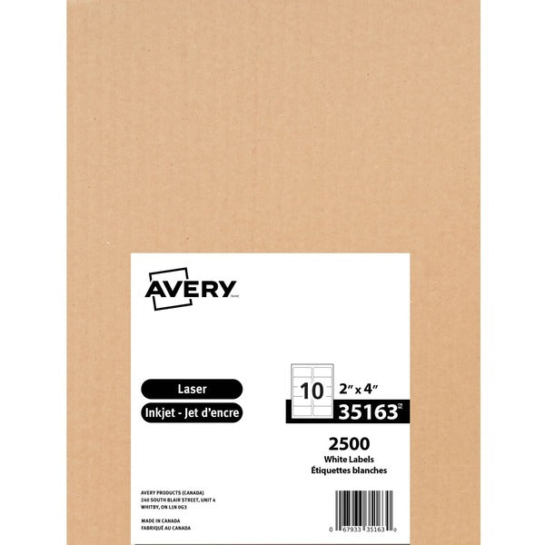 Avery&reg; White Shipping Labels - 4" Height x 2" Width - Permanent Adhesive - Rectangle - Laser, Inkjet - White - Paper - 10 / Sheet - 2500 / Pack - Jam-free, Smudge-free