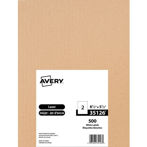 Avery&reg; White Rectangle Shipping Labels - 8 1/2" Height x 5 1/2" Width - Permanent Adhesive - Rectangle - Inkjet, Laser - Matte White - Paper - 2 / Sheet - 500 / Pack - Jam-free, Smudge-free